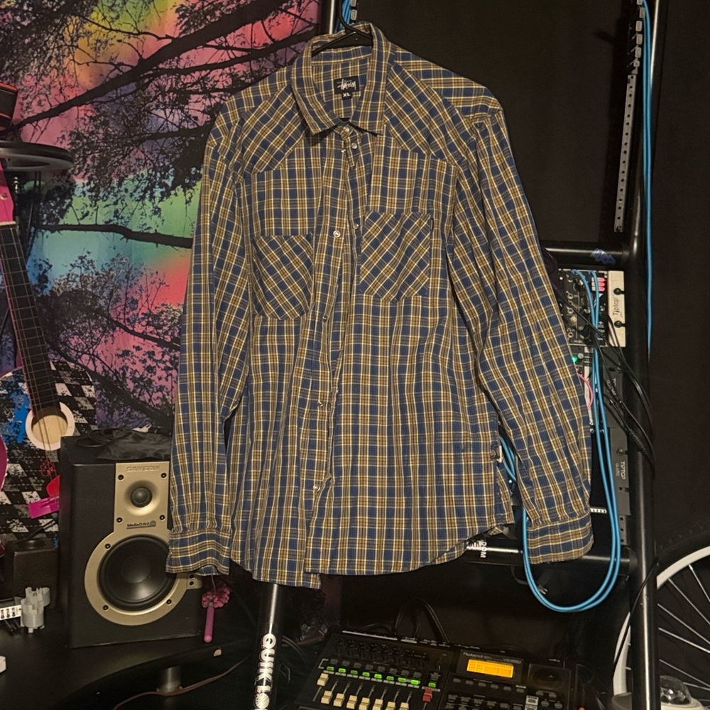 Stussy Blue and Yellow Plaid Casual Button Down Shirt - Picture 3 of 3